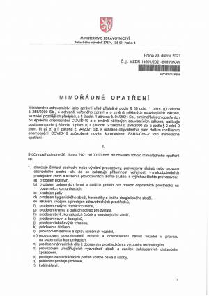 Mimořádné opatření  ze dne 23.4.2021.