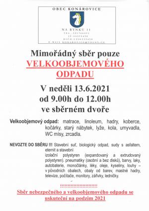 Mimořádný sběr pouze velkoobjemového odpadu bude v neděli 13.6.2021
