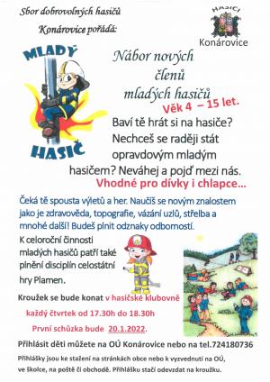 Nábor nových členů mladých hasičů ve věku 4-15 let.