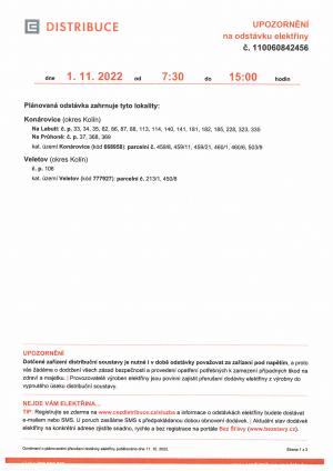 Odstávka elektřiny 1.11.2022 od 7:30 - 15:00 