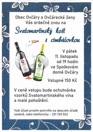 Obec Ovčáry srdečně zvou na Svatomartinský košt s cimbálovkou 11.11.2022