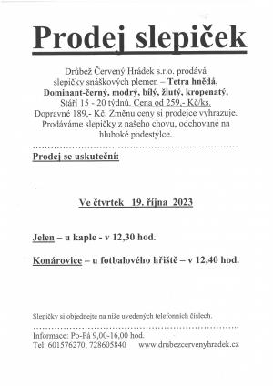 Prodej slepiček 19.10.2023 Jelen 12:30 hod., Konárovice 12:40 hod.