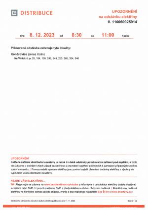 Plánovaná odstávka elektřiny 8.12.2023 od 8:30 - 11:00 