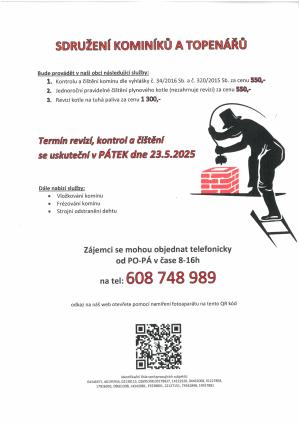 Sdružení kominíků a topenářů bude provádět 23.5.2025 kontroly a čištění komínů