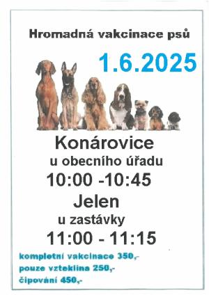 Hromadná vakcinace psů proběhne v neděli 1.6.2025
